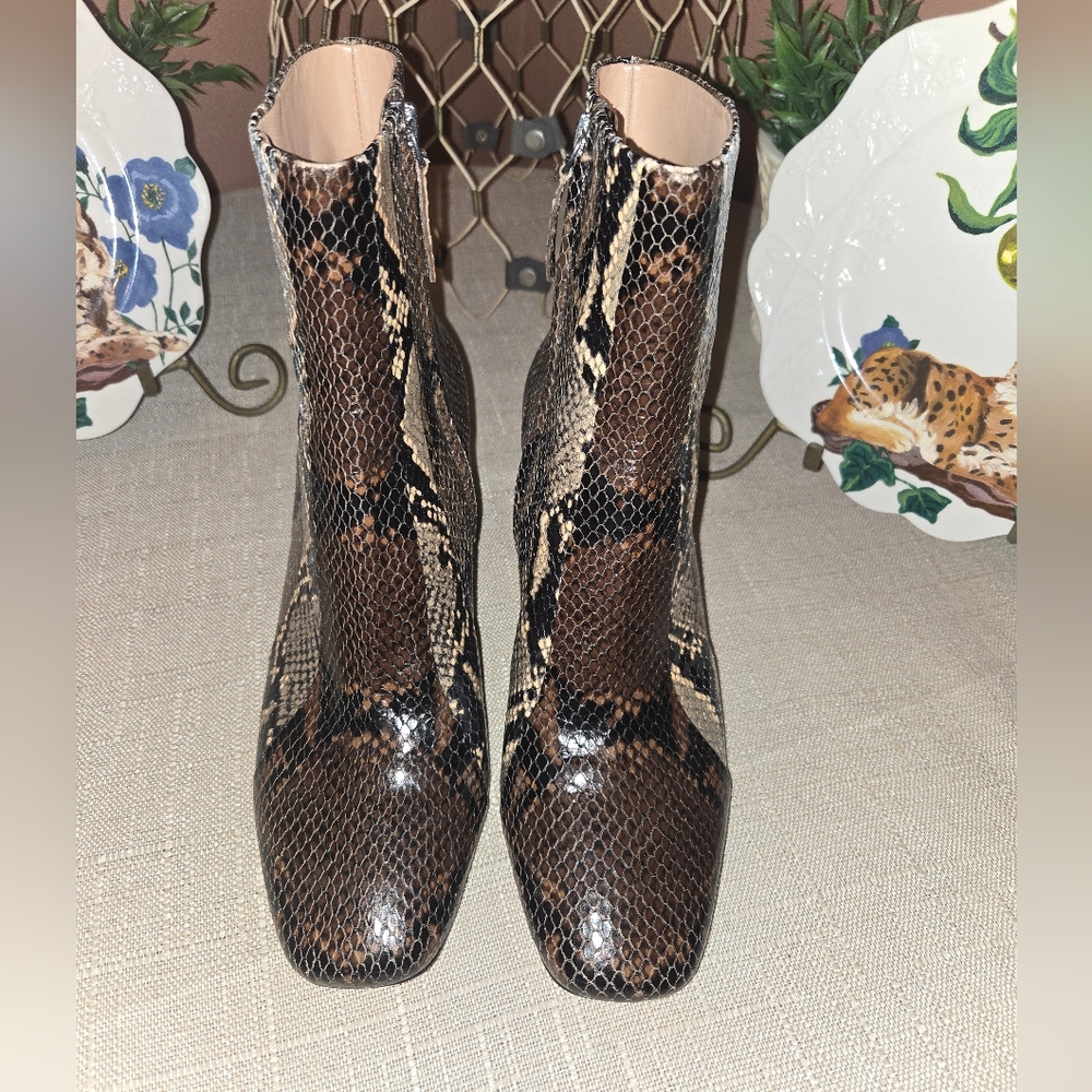 Veronica Beard FELIX Brown Embossed Snakeskin Pattern Ankle Boots